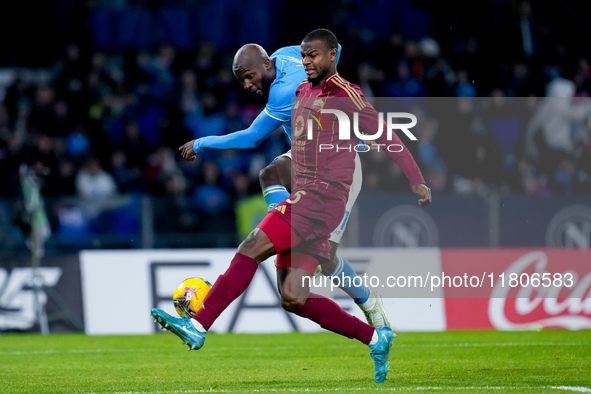 Evan Ndicka of AS Roma and Romelu Lukaku of SSC Napoli compete for the ball during the serie Serie A Enilive match between SSC Napoli and AS...