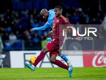 Evan Ndicka of AS Roma and Romelu Lukaku of SSC Napoli compete for the ball during the serie Serie A Enilive match between SSC Napoli and AS...