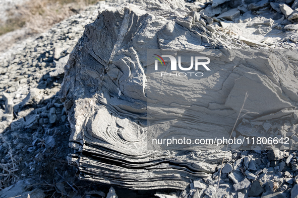 A piece of mud seen in an austere, harsh landscape of dry mud left on mud volcano in Gobustan region near Baku, Azerbaijan on November 24, 2...