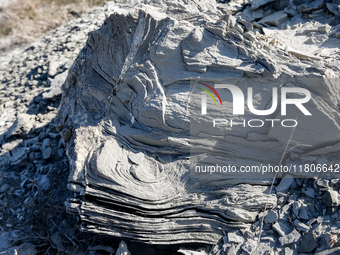 A piece of mud seen in an austere, harsh landscape of dry mud left on mud volcano in Gobustan region near Baku, Azerbaijan on November 24, 2...