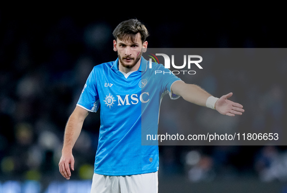 Khvicha Kvaratskhelia of SSC Napoli gestures during the serie Serie A Enilive match between SSC Napoli and AS Roma at Stadio Diego Armando M...