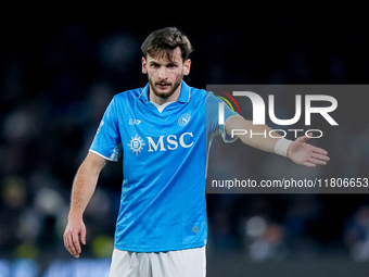 Khvicha Kvaratskhelia of SSC Napoli gestures during the serie Serie A Enilive match between SSC Napoli and AS Roma at Stadio Diego Armando M...