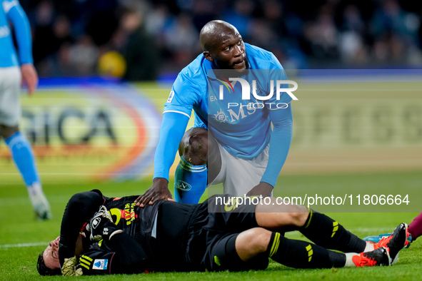 Romelu Lukaku of SSC Napoli and Mile Svilar of AS Roma during the serie Serie A Enilive match between SSC Napoli and AS Roma at Stadio Diego...