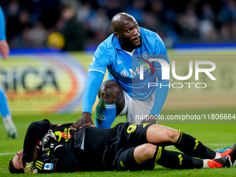 Romelu Lukaku of SSC Napoli and Mile Svilar of AS Roma during the serie Serie A Enilive match between SSC Napoli and AS Roma at Stadio Diego...