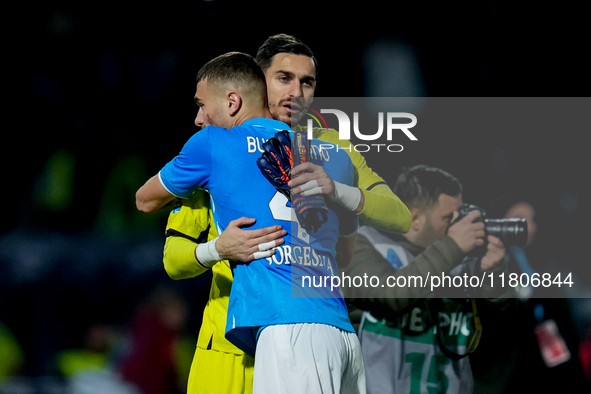 Alessandro Buongiorno of SSC Napoli celebrates the victory with Alex Meret during the serie Serie A Enilive match between SSC Napoli and AS...