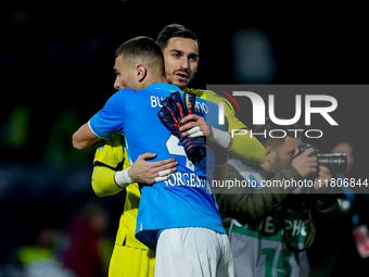 Alessandro Buongiorno of SSC Napoli celebrates the victory with Alex Meret during the serie Serie A Enilive match between SSC Napoli and AS...