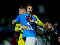 Alessandro Buongiorno of SSC Napoli celebrates the victory with Alex Meret during the serie Serie A Enilive match between SSC Napoli and AS...