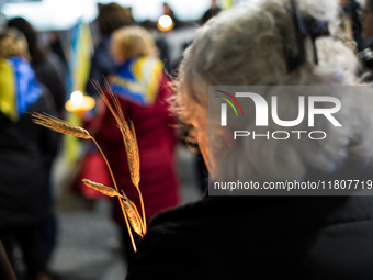 Ukrainian citizens participate in a torchlight procession in Capitol Square to commemorate the victims of the Holodomor 1932-1933, symbolizi...