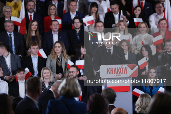 In Krakow, Poland, on November 24, 2024, party president Jaroslaw Kaczynski introduces presidential candidate Karol Nawrocki during the Law...