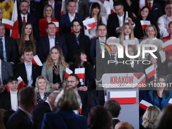 In Krakow, Poland, on November 24, 2024, party president Jaroslaw Kaczynski introduces presidential candidate Karol Nawrocki during the Law...