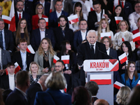 In Krakow, Poland, on November 24, 2024, party president Jaroslaw Kaczynski introduces presidential candidate Karol Nawrocki during the Law...