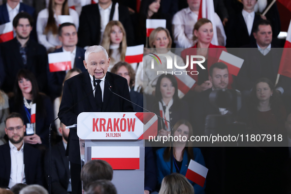 In Krakow, Poland, on November 24, 2024, party president Jaroslaw Kaczynski introduces presidential candidate Karol Nawrocki during the Law...