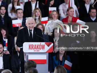 In Krakow, Poland, on November 24, 2024, party president Jaroslaw Kaczynski introduces presidential candidate Karol Nawrocki during the Law...