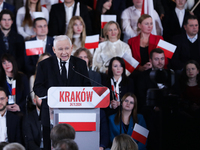 In Krakow, Poland, on November 24, 2024, party president Jaroslaw Kaczynski introduces presidential candidate Karol Nawrocki during the Law...