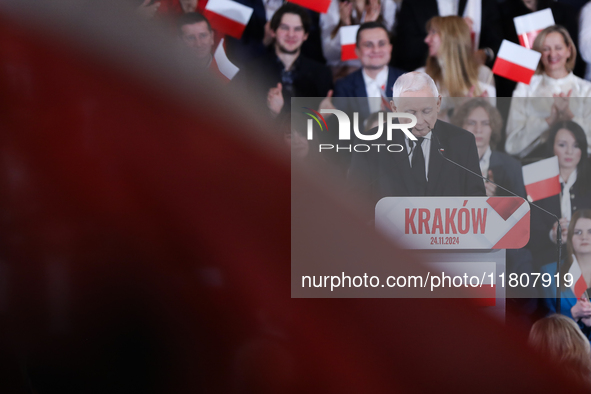 In Krakow, Poland, on November 24, 2024, party president Jaroslaw Kaczynski introduces presidential candidate Karol Nawrocki during the Law...