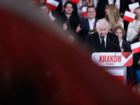 In Krakow, Poland, on November 24, 2024, party president Jaroslaw Kaczynski introduces presidential candidate Karol Nawrocki during the Law...