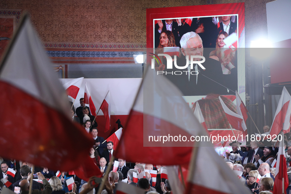 In Krakow, Poland, on November 24, 2024, party president Jaroslaw Kaczynski introduces presidential candidate Karol Nawrocki during the Law...