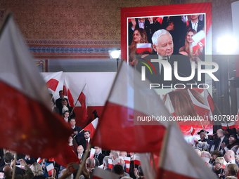 In Krakow, Poland, on November 24, 2024, party president Jaroslaw Kaczynski introduces presidential candidate Karol Nawrocki during the Law...