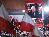 In Krakow, Poland, on November 24, 2024, party president Jaroslaw Kaczynski introduces presidential candidate Karol Nawrocki during the Law...