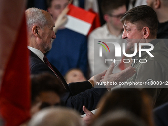 KRAKOW, POLAND - NOVEMBER 24:
Antoni Macierewicz (left), PiS MP and Ryszard Majdzik, seen during the Law and Justice party event where Karol...