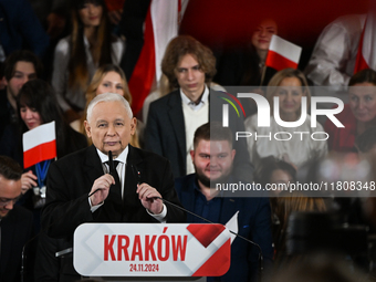 KRAKOW, POLAND - NOVEMBER 24:
Jaroslaw Kaczynski, leader of the opposition Law and Justice party, addresses the crowd during the nomination...