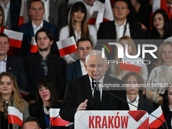 KRAKOW, POLAND - NOVEMBER 24:
Jaroslaw Kaczynski, leader of the opposition Law and Justice party, addresses the crowd during the nomination...