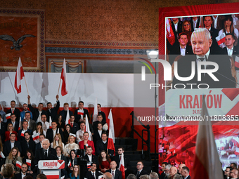 KRAKOW, POLAND - NOVEMBER 24:
Jaroslaw Kaczynski, leader of the opposition Law and Justice party, addresses the crowd during the nomination...