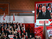 KRAKOW, POLAND - NOVEMBER 24:
Jaroslaw Kaczynski, leader of the opposition Law and Justice party, addresses the crowd during the nomination...