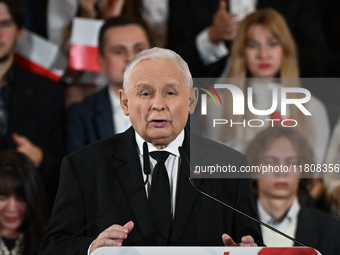 KRAKOW, POLAND - NOVEMBER 24:
Jaroslaw Kaczynski, leader of the opposition Law and Justice party, addresses the crowd during the nomination...