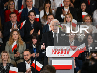 KRAKOW, POLAND - NOVEMBER 24:
Jaroslaw Kaczynski, leader of the opposition Law and Justice party, addresses the crowd during the nomination...