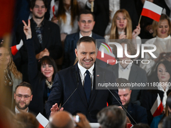 KRAKOW, POLAND - NOVEMBER 24:
Karol Nawrocki, the Law and Justice party's candidate for the 2025 presidential election, addresses his suppor...