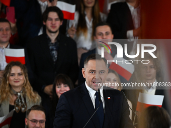 KRAKOW, POLAND - NOVEMBER 24:
Karol Nawrocki, the Law and Justice party's candidate for the 2025 presidential election, addresses his suppor...