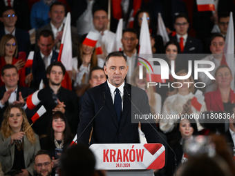 KRAKOW, POLAND - NOVEMBER 24:
Karol Nawrocki, the Law and Justice party's candidate for the 2025 presidential election, addresses his suppor...