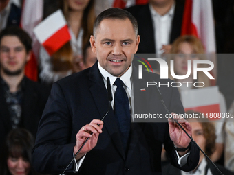 KRAKOW, POLAND - NOVEMBER 24:
Karol Nawrocki, the Law and Justice party's candidate for the 2025 presidential election, addresses his suppor...