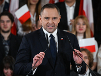 KRAKOW, POLAND - NOVEMBER 24:
Karol Nawrocki, the Law and Justice party's candidate for the 2025 presidential election, addresses his suppor...