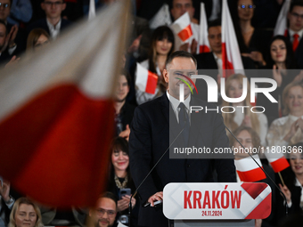 KRAKOW, POLAND - NOVEMBER 24:
Karol Nawrocki, the Law and Justice party's candidate for the 2025 presidential election, addresses his suppor...