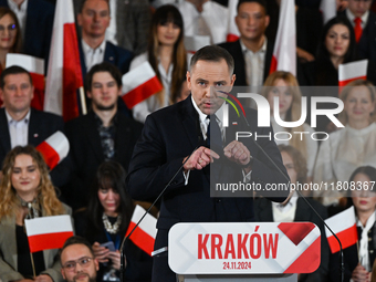 KRAKOW, POLAND - NOVEMBER 24:
Karol Nawrocki, the Law and Justice party's candidate for the 2025 presidential election, addresses his suppor...