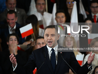 KRAKOW, POLAND - NOVEMBER 24:
Karol Nawrocki, the Law and Justice party's candidate for the 2025 presidential election, addresses his suppor...