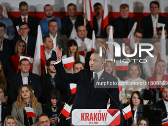 KRAKOW, POLAND - NOVEMBER 24:
Karol Nawrocki, the Law and Justice party's candidate for the 2025 presidential election, addresses his suppor...