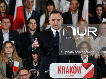 KRAKOW, POLAND - NOVEMBER 24:
Karol Nawrocki, the Law and Justice party's candidate for the 2025 presidential election, addresses his suppor...