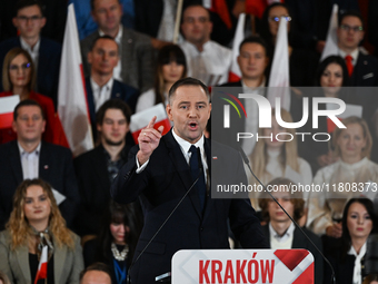 KRAKOW, POLAND - NOVEMBER 24:
Karol Nawrocki, the Law and Justice party's candidate for the 2025 presidential election, addresses his suppor...