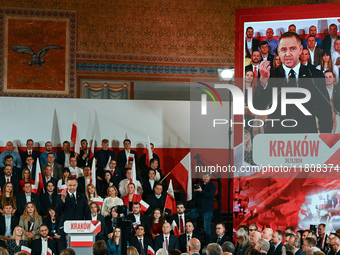 KRAKOW, POLAND - NOVEMBER 24:
Karol Nawrocki, the Law and Justice party's candidate for the 2025 presidential election, addresses his suppor...