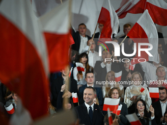 KRAKOW, POLAND - NOVEMBER 24:
Karol Nawrocki, the Law and Justice party's candidate for the 2025 presidential election, addresses his suppor...