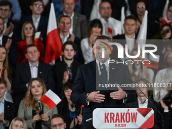 KRAKOW, POLAND - NOVEMBER 24:
Karol Nawrocki, the Law and Justice party's candidate for the 2025 presidential election, addresses his suppor...