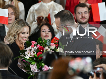 KRAKOW, POLAND - NOVEMBER 24:
Karol Nawrocki (R), the Law and Justice party's candidate for the 2025 presidential election, with his wife Ma...