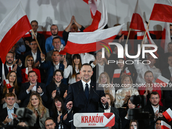 KRAKOW, POLAND - NOVEMBER 24:
Karol Nawrocki, the Law and Justice party's candidate for the 2025 presidential election, addresses his suppor...