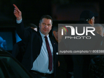 KRAKOW, POLAND - NOVEMBER 24:
Przemyslaw Czarnek (L), Law and Justice party MP, leaves the venue where Karol Nawrocki was nominated as the p...