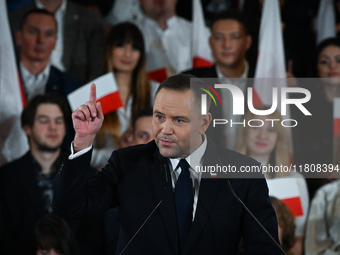 KRAKOW, POLAND - NOVEMBER 24:
Karol Nawrocki addresses his upporters after he was nominated as the Law and Justice party's candidat for the...