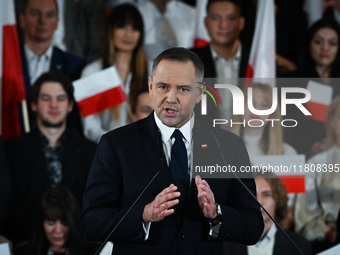 KRAKOW, POLAND - NOVEMBER 24:
Karol Nawrocki addresses his upporters after he was nominated as the Law and Justice party's candidat for the...