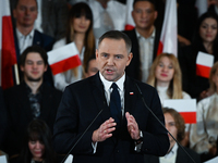 KRAKOW, POLAND - NOVEMBER 24:
Karol Nawrocki addresses his upporters after he was nominated as the Law and Justice party's candidat for the...